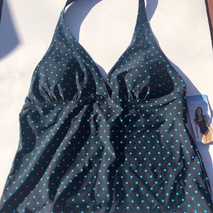 New Speedo womens tankini size 14, black blue and teasel dots, healter,